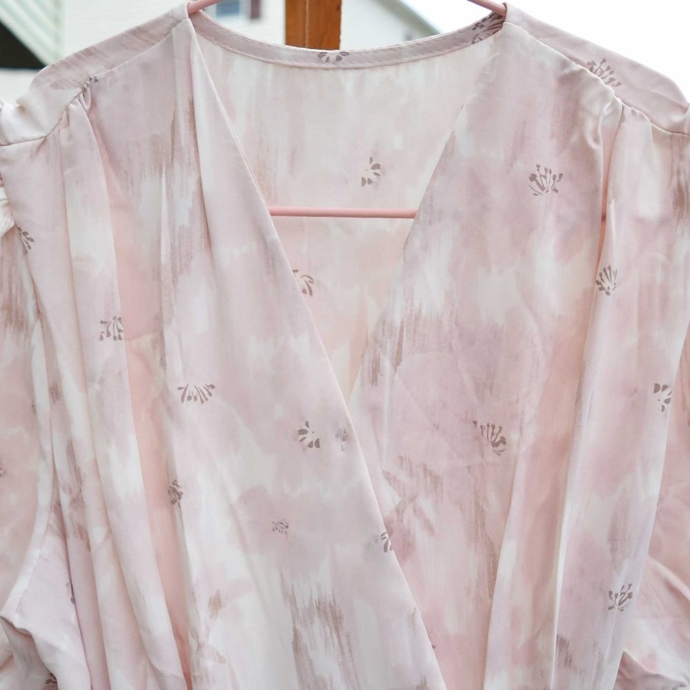 【SOLD】Pink Flora Long Dress - V neck Adjustable Waist - Picture 3 of 6